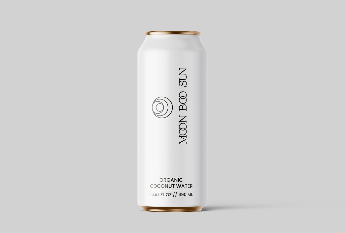 Front view of minimalist white 490ml can of MOON BOO SUN 100% organic coconut water, premium pure coconut water drink, natural hydration, no added sugar