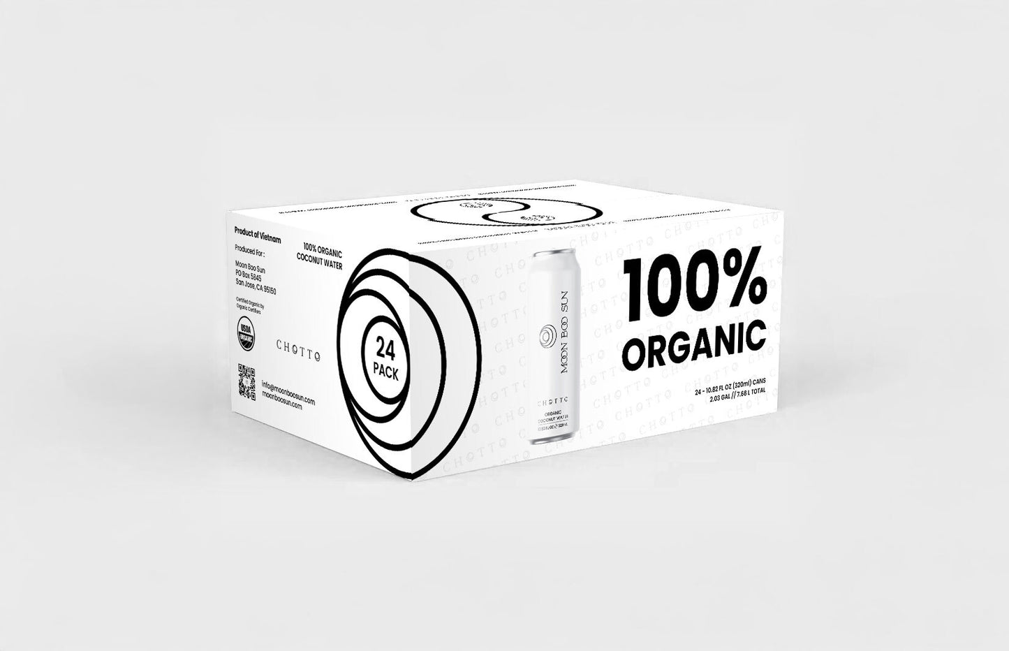 Back view of Moon Boo Sun Chotto Can 24-pack box packaging for 100% organic coconut water, highlighting minimalist white design, USDA organic certification, product details, and Vietnam origin
