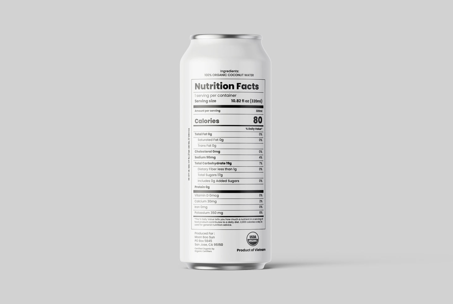 Back view of Moon Boo Sun Chotto Can organic coconut water can showing nutrition facts, 100% pure coconut water ingredients, USDA organic certification, and 320ml packaging