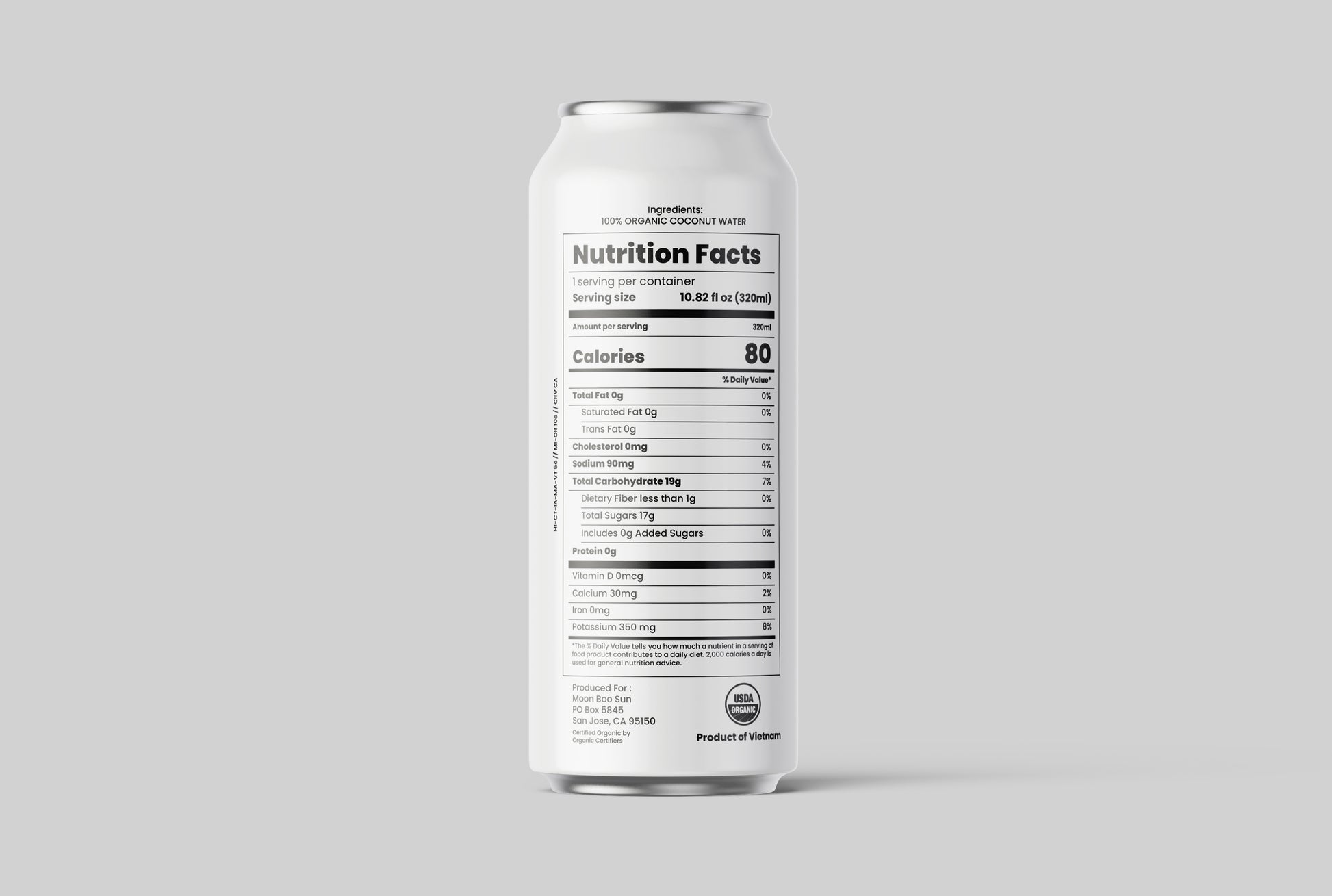 Back view of Moon Boo Sun Chotto Can organic coconut water can showing nutrition facts, 100% pure coconut water ingredients, USDA organic certification, and 320ml packaging