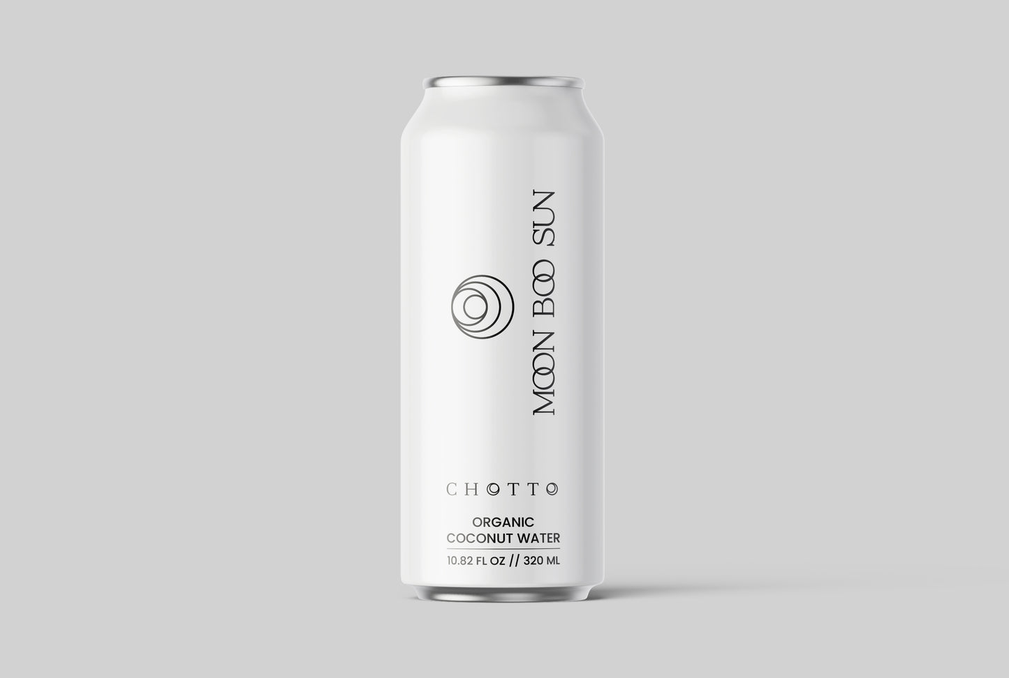 Front view of Moon Boo Sun Chotto Can organic coconut water can, featuring minimalist white design, premium pure coconut water, and 320ml packaging