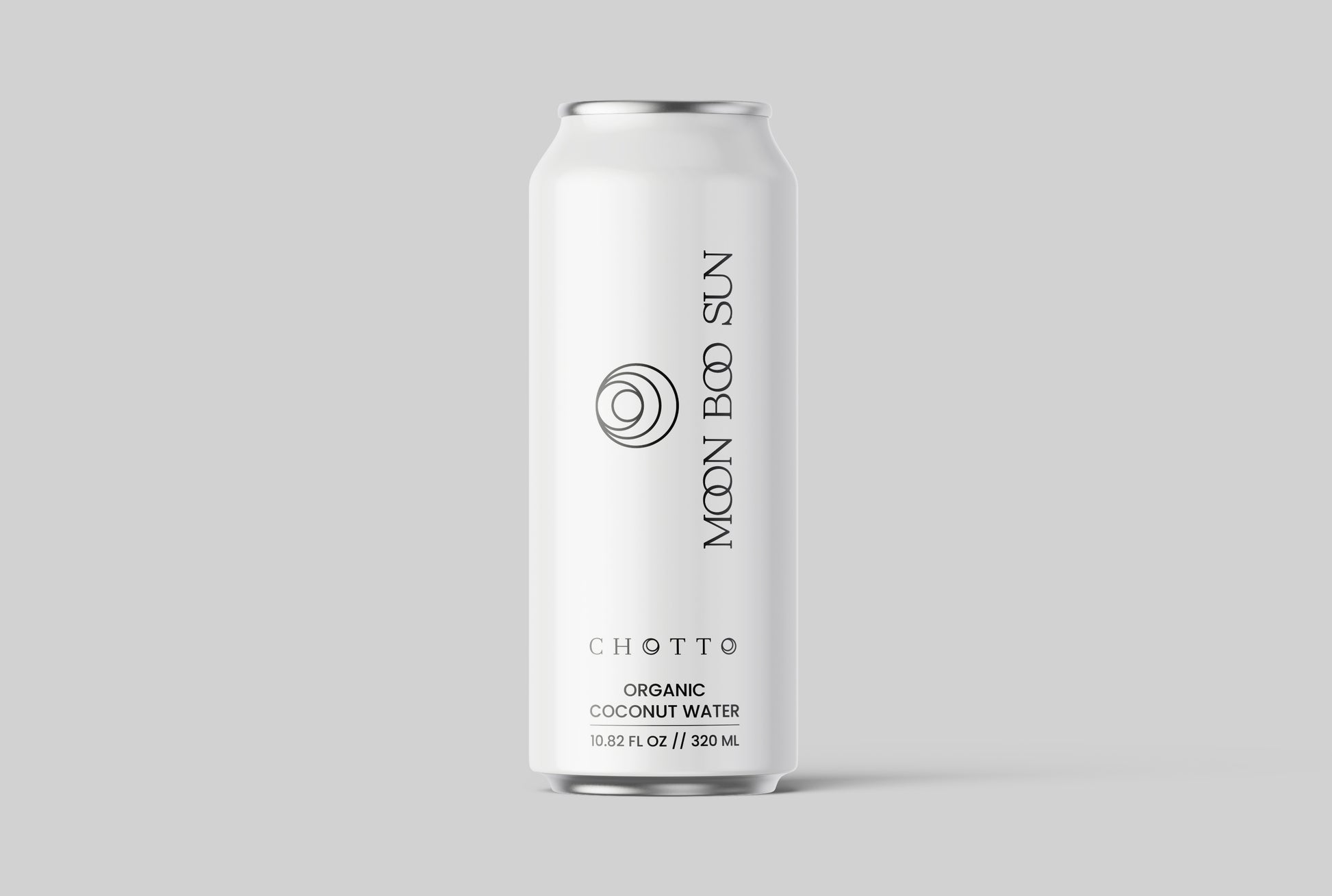 Front view of Moon Boo Sun Chotto Can organic coconut water can, featuring minimalist white design, premium pure coconut water, and 320ml packaging