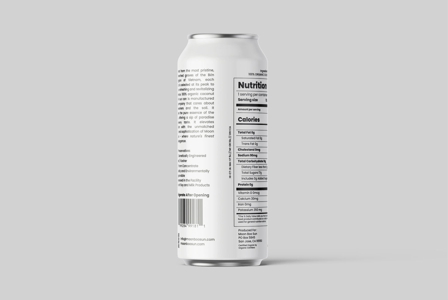 Side view of Moon Boo Sun Chotto Can organic coconut water can showing nutrition facts, 100% pure coconut water ingredients, and sustainable packaging