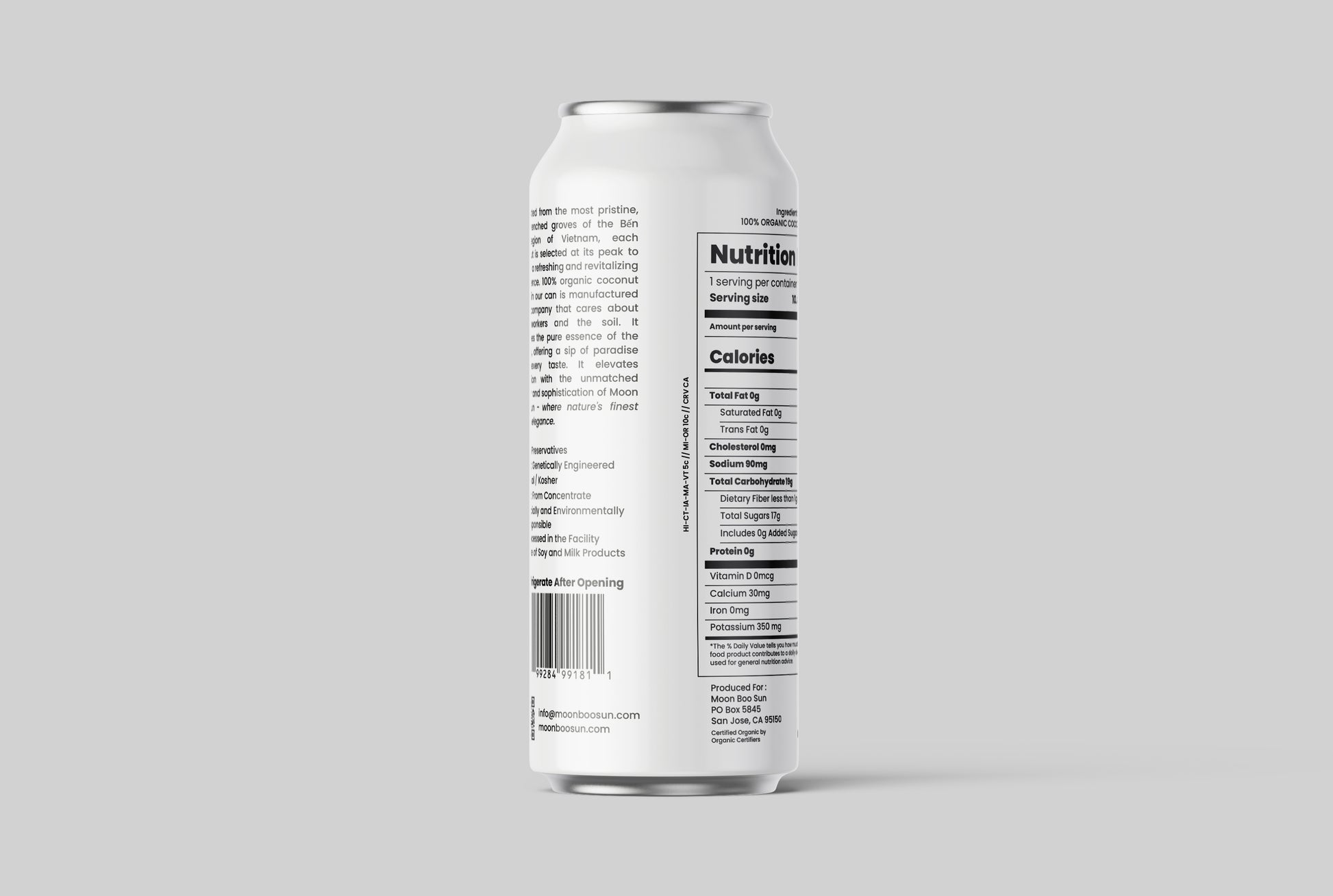 Side view of Moon Boo Sun Chotto Can organic coconut water can showing nutrition facts, 100% pure coconut water ingredients, and sustainable packaging