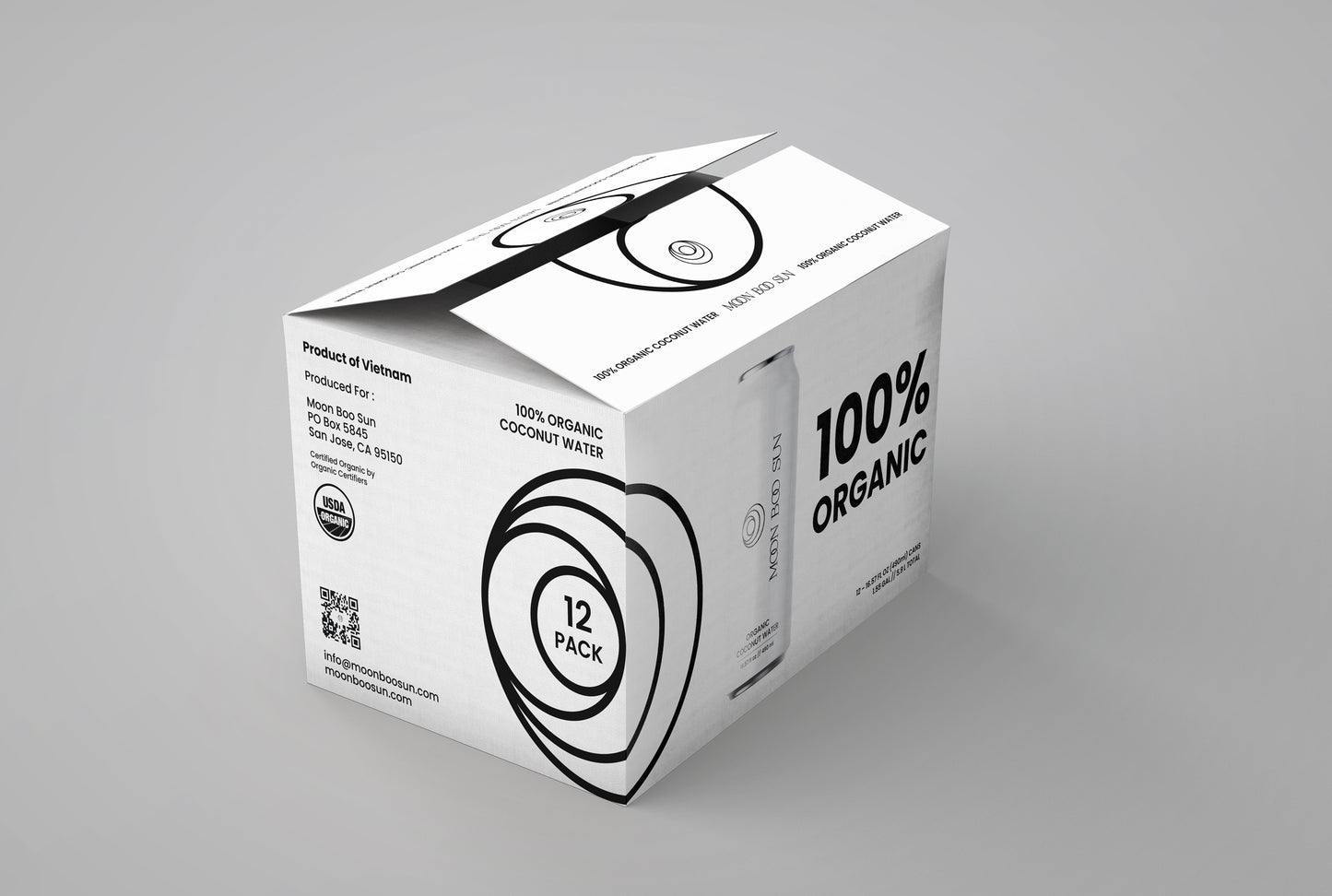 12-pack box of Moon Boo Sun 100% organic coconut water, minimalist white packaging with USDA organic certification, product of Vietnam, and premium coconut water cans