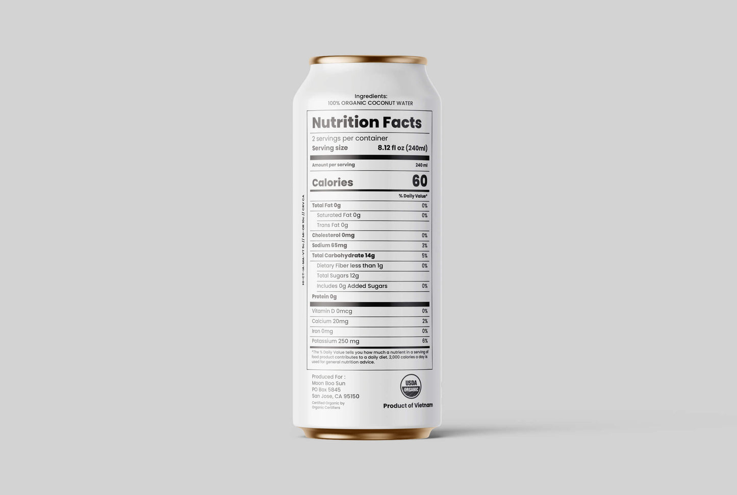 Back view of 490ml MOON BOO SUN 100% organic coconut water can showing nutrition facts, pure coconut water ingredients, USDA organic certification, and product of Vietnam