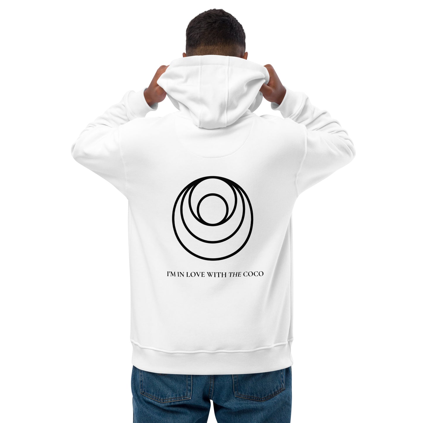 Back view of minimalist white hoodie with bold coconut-inspired circular logo and 'I’m in love with the coco' slogan, premium organic apparel by MOON BOO SUN for coconut water lovers and healthy lifestyle enthusiasts
