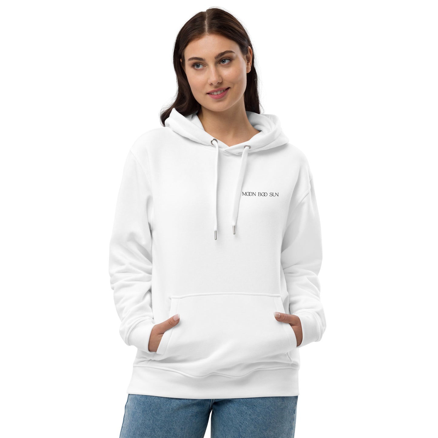 Front view of minimalist white hoodie with MOON BOO SUN logo, premium organic apparel for coconut water lovers and healthy lifestyle enthusiasts
