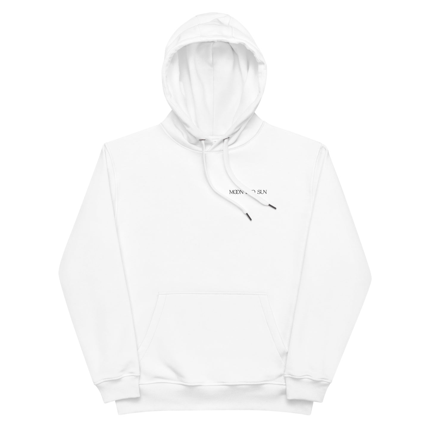 Minimalist white hoodie with MOON BOO SUN logo, premium organic apparel for coconut water lovers and healthy lifestyle enthusiasts