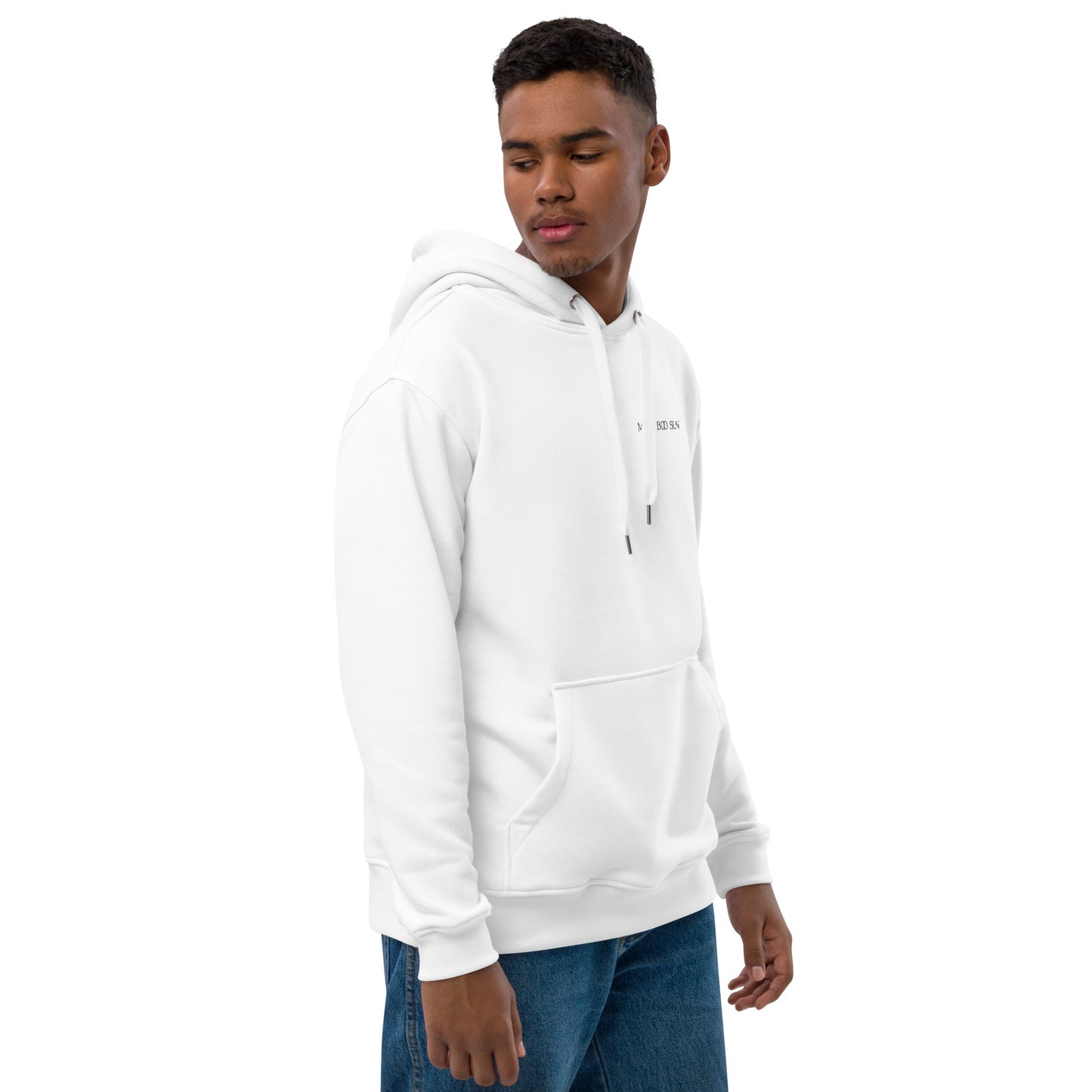 Side view of minimalist white hoodie with MOON BOO SUN logo, premium organic apparel for coconut water fans and healthy lifestyle enthusiasts