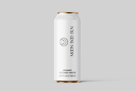 Front view of minimalist white 490ml can of MOON BOO SUN 100% organic coconut water, premium pure coconut water drink, natural hydration, no added sugar