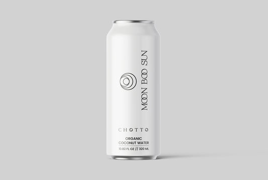 Front view of Moon Boo Sun Chotto Can organic coconut water can, featuring minimalist white design, premium pure coconut water, and 320ml packaging