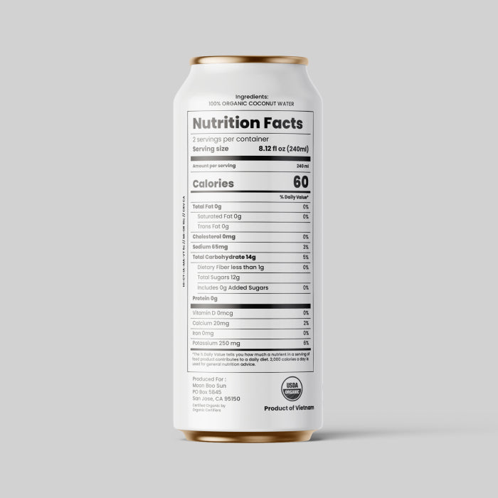 Back view of Moon Boo Sun 100% organic coconut water can showing detailed nutrition facts, pure coconut water ingredients, USDA organic certification, and product of Vietnam