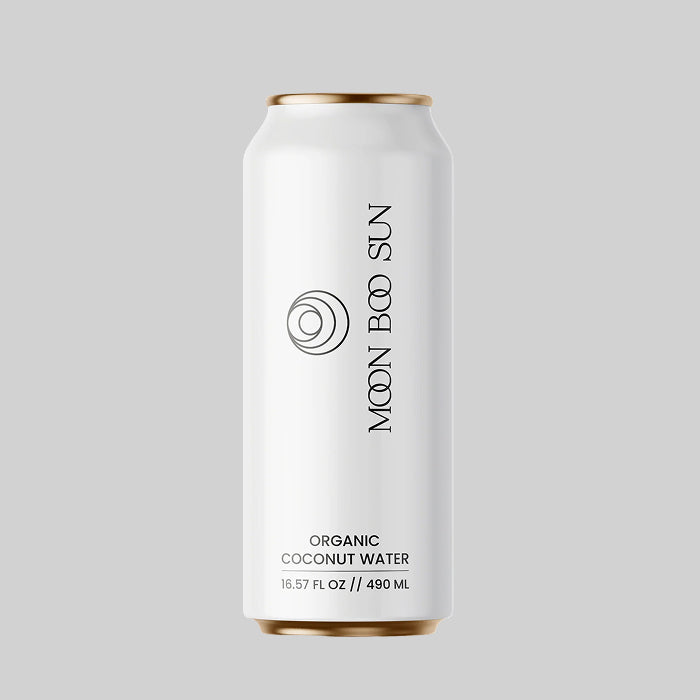 Front view of minimalist white 490ml can of MOON BOO SUN 100% organic coconut water, premium pure coconut water drink, no added sugar, natural hydration