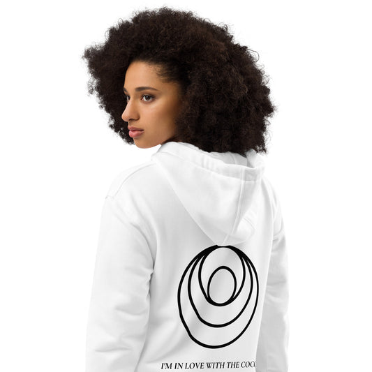 Back view of minimalist white hoodie with bold coconut-inspired circular logo and 'I’m in love with the coco' slogan, premium organic apparel by MOON BOO SUN for coconut lovers and healthy lifestyle enthusiasts